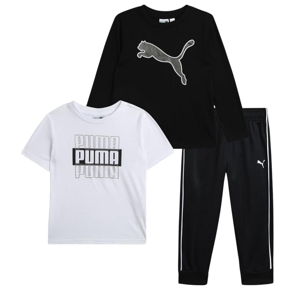 PUMA Boys Pants Set 3 Piece Short Sleeve and Long Sleeve T-Shirt, Pants Size 4T